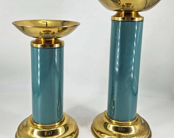 2 Vintage Ethan Allen teal enamel brass pillar candle holders