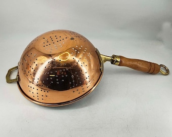 Vintage Copper brass Colander with Wooden Handle and Hanger