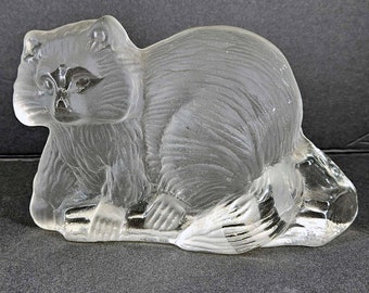 Vintage Viking Glass Clear Crystal Satin Raccoon Figurine Paperweight Bookend