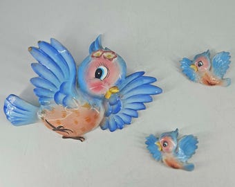 Rare Vintage Blue Orange Bird Family Ucagco PY Japan Ceramic Plaque