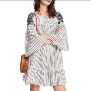 Free People White Black Lola Embroidered Mini babydoll Boho tunic Beach L image 3