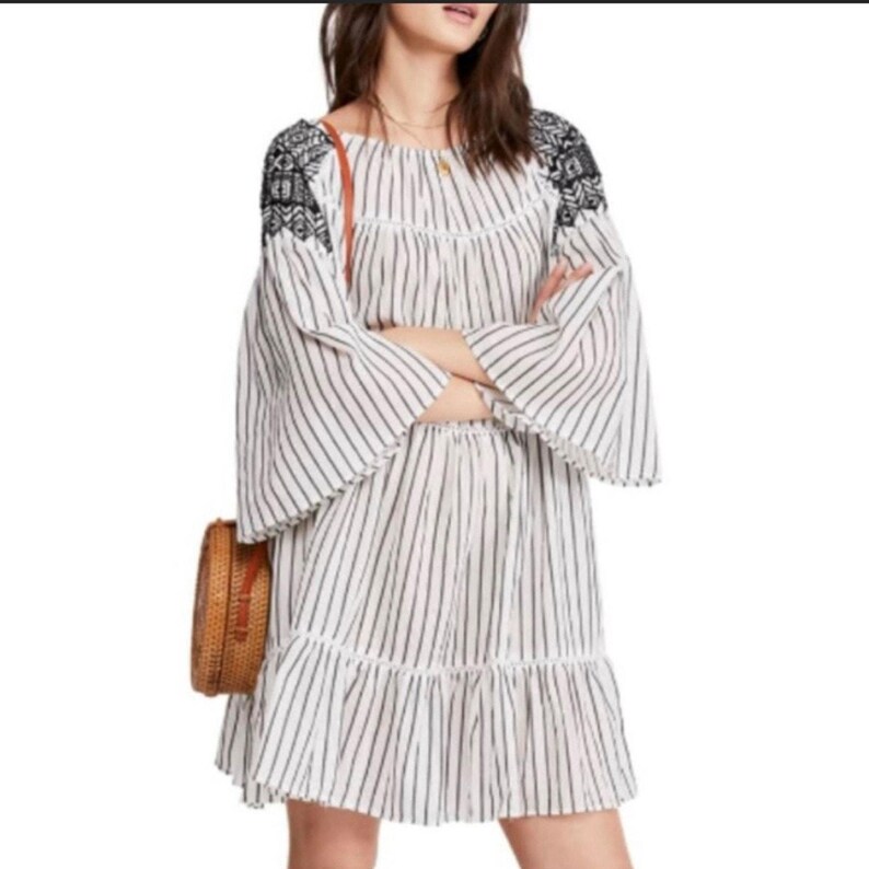 Free People White Black Lola Embroidered Mini babydoll Boho tunic Beach L image 3