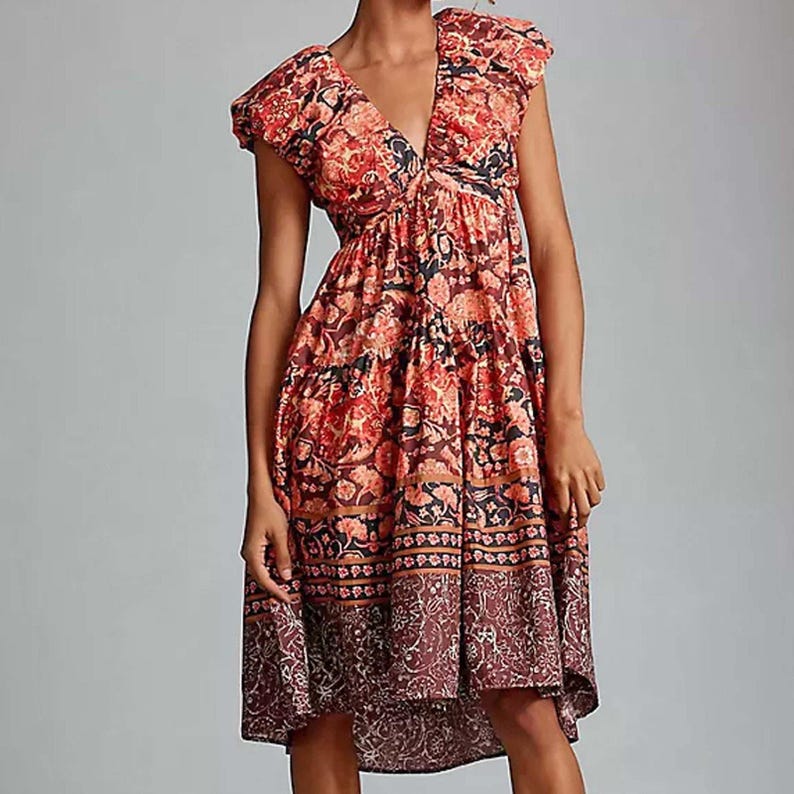 Anthropologie tiered floral boho Printed V Neck Babydoll Dress 0 XS S NWT Bild 2