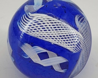 Vintage & Blue White Swirled Latticino Cane Art Glass Paperweight Murano
