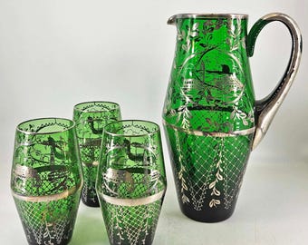 Vintage Green Glass Venetian Silver Overlay pitcher and set of 3 cups glasses