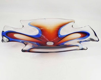 Abstract Blue Red Orange Hand Blown Art Glass Bowl/Candy Dish Polished Pontil