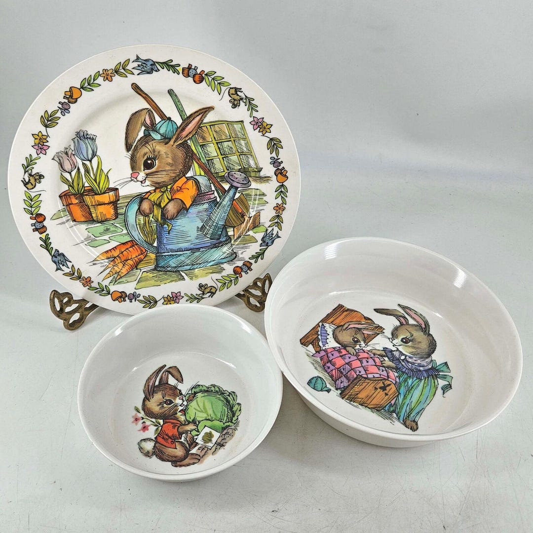 Vintage Oneida Deluxe Peter Rabbit Plastic Child's Dish Bowls Plate 3 ...