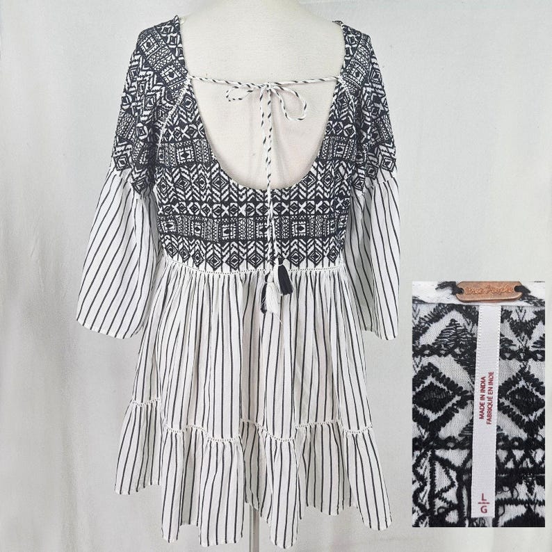 Free People White Black Lola Embroidered Mini babydoll Boho tunic Beach L image 6