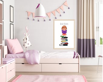 Children's wall decor of young girl with glasses sitting on a stack of reading books.  8 x10 and 11 x14 300 DPI. Instant Download