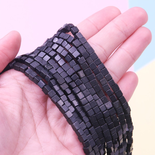 Perline cubiche di pietra nera, perline di pietre preziose sciolte di energia curativa, design per la creazione di gioielli fai da te per bracciale, 4 mm, filo intero da 15,5 pollici