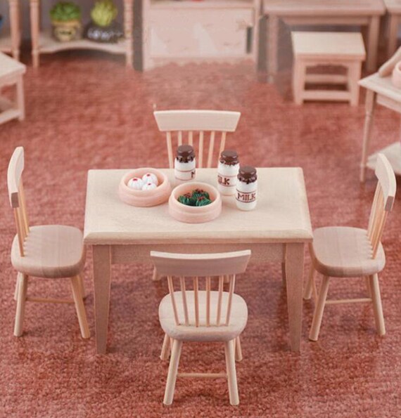 Dollhouse Miniature Furniture Wood Dining Room Table 4 Chair Kitchen Decor 1:12 
