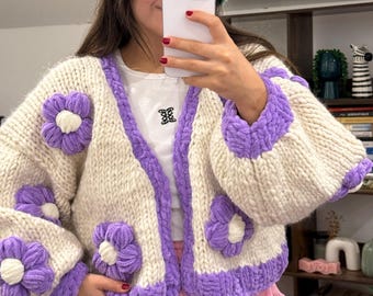 Handmade Purple Daisy Knit Cardigan, Chunky Oversized Floral Knitwear, 100% Wool, Winter Cottagecore Sweater, Christmas’s Day Gift