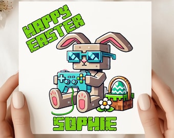 Personalized Gamer Easter Card: Pixel Bunny, Custom Name