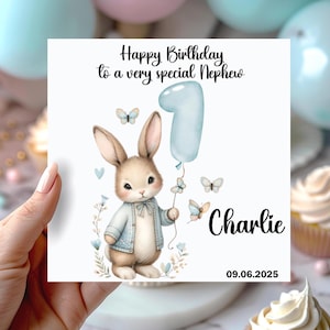 Carte de 1er anniversaire, personnalisée pour fils, arrière-petit-fils, petit-fils, arrière-neveu, neveu, frère, fils, lapin bleu, ballon, cadeau, pour lui, garçon