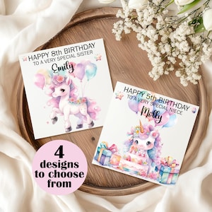 Carte d'anniversaire licorne personnalisée, motif licorne magique, personnalisé tous les noms et motifs d'âge 4 ans, cadeau d'anniversaire pour fille, fille, nièce, soeur, ami