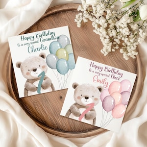 Carte 1er anniversaire personnalisée mignon ours en peluche et ballons, cadeau prénom personnalisé pour bébé garçon fille fils fille neveu nièce premier anniversaire ballons