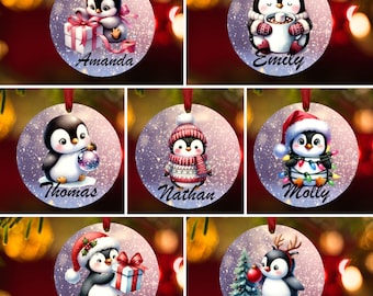 May include: Set of 8 personalized Christmas ornaments featuring cute penguin illustrations. Each ornament has a different penguin design and a name at the bottom. The ornaments are white with a glittery finish.