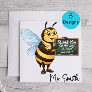 Carte de remerciement personnalisée pour professeur, abeille, cadeau de fin d'année, carte de voeux pour professeur, motifs personnalisés pour le nom et le message de l'enseignant