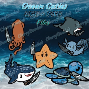 May include: A set of six digital cut files featuring cute ocean creatures holding knives. The creatures include a squid, starfish, whale shark, axolotl, and sea turtle. The files are available in SVG and PNG formats.
