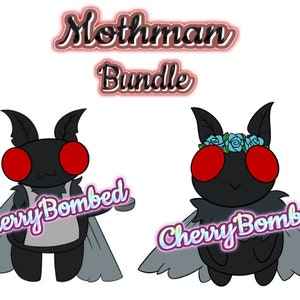 Op de afbeelding: Twee cartoon-illustraties van Mothman met zwarte lichamen, rode ogen en grijze vleugels. Eén Mothman draagt een bloemenkroon en de ander houdt een klein, rond voorwerp vast. Beide illustraties hebben de tekst "Cherry Bombed" in een regenboogkleurig lettertype.