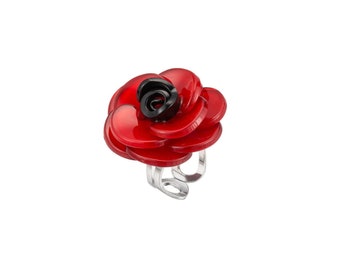 Bague Réglable motif coquelicot rouge et noir - Rosa