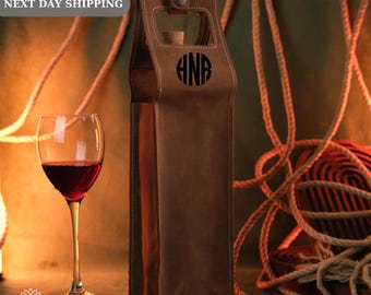 Monogrammed Leather Wine Holder, Wine Accessories, Custom Wine Bottle Holder, Personalized Wine Bag, Wine Tote, Gift For Him, Dad Gifts