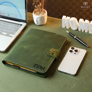 Portafolio de cuero verde, portafolios personalizado, organizador de documentos A5 grabado, regalo de aniversario para él, agenda de cuero, regalo de Navidad