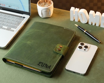 Green Leather Portfolio, Personalized Padfolio, Engraved A5 Document Organizer, Anniversary Gift For Him, Leather Planner, Christmas Gift