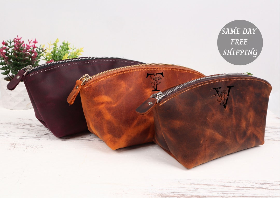 Personalized Leather Makeup Bag Custom Cosmetic Bag Leather - Etsy