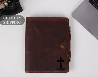 Unique Gift for Christian Men Dad Boss, Cross Engraved Gift for Grandpa, Customized Men Organizer, Leather A5 Portfolio, Document Holder