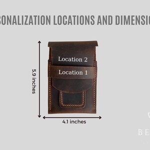 May include: A brown leather wallet with two personalisation locations, measuring 5.9 inches tall and 4.1 inches wide. The locations are labelled "Location 1" and "Location 2".