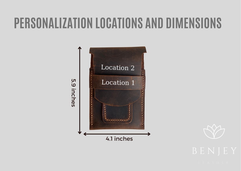 May include: A brown leather wallet with two personalisation locations, measuring 5.9 inches tall and 4.1 inches wide. The locations are labelled "Location 1" and "Location 2".