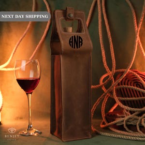 Personalized Leather Wine Tote, Christmas Gift,  Custom Wine Bottle Bag, Leather Wine Carrier, Leather Wine Bag, Wine Accessories