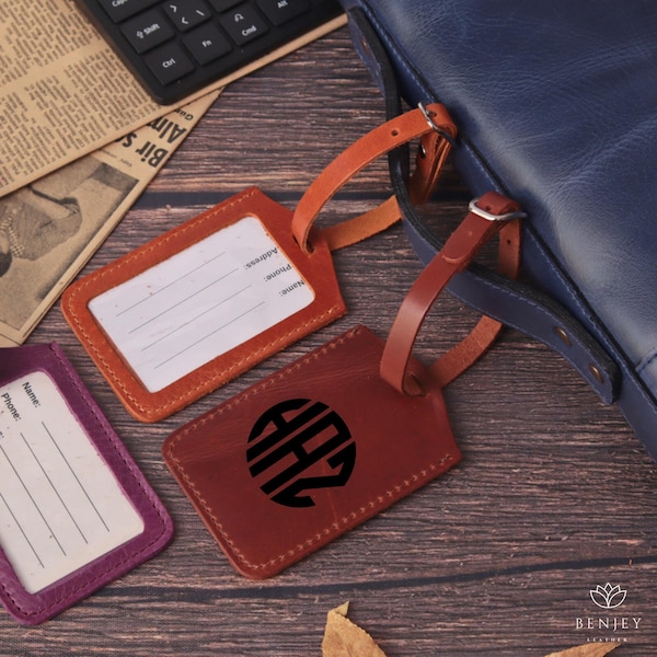 Handcrafted Full Grain Leather Luggage Tag - Custom Travel Gift for Men