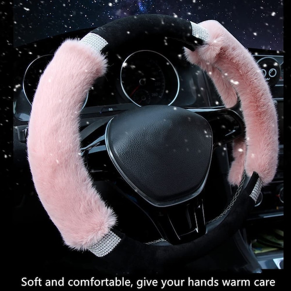 Steering Wheel Cover Winter , Luxurious Faux Wool and Bling Rhinestone Fluffy Glam Vehicle Wheel Covers for Girl Ladies Women Universal