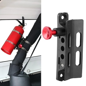 May include: A red fire extinguisher secured with a black bracket and straps. The bracket features a red knob. The extinguisher is attached to a black roll bar cover. The setup is for vehicle safety.