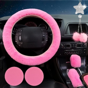 Steering Wheel Covers for Women Soft Fleece Handbrake Cover Shift Cover Bling Mirror Car Trim Fuzz Warm Non-Slip Car Decoration Short Hair