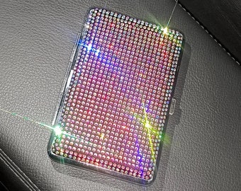 Cigarette Case Bling Crystal Double Sided Spring Clip Open Pocket Holder for 14 King Cigarettes,Metal Cigarette Case Box