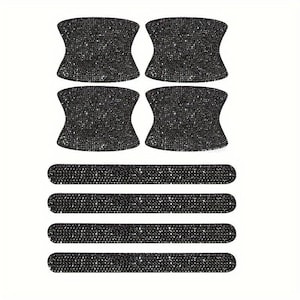 May include: A collection of black, sparkling car door handle covers and door edge guards. The covers are curved and the guards are long and rectangular, all covered in glittery black material. The items are arranged on a white background.