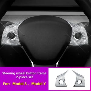 May include: A steering wheel button frame set for Model 3 and Model Y vehicles. The 2-piece set features a silver, rhinestone-studded design around the buttons. The steering wheel is black.