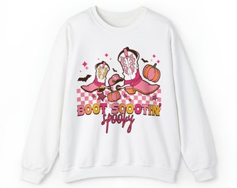 Retro Western Cowgil Boot Scootin Spooky Sweatshirt, Fall and Halloween Apparel, Cute Cowgirl Pumpkin Boots Sweater