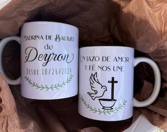 Taza Recuerdo Para Padrinos Personalizada, Set Para Madrina y Padrino, Bautizo, Regalos en Espanol
