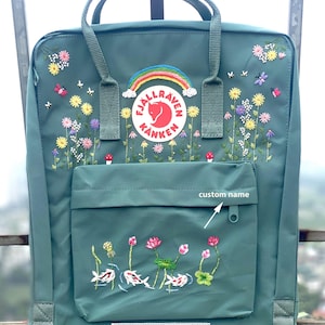Kanken Backpack with Embroidered Flowers and Koi,Kanken backpack with floral embroidery design and koi fish, koi fish embroidery design