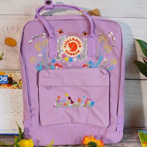 Kanken Backpack Embroidered with Flower, Floral and butterfly embroidery design on fjallraven kanken backpack