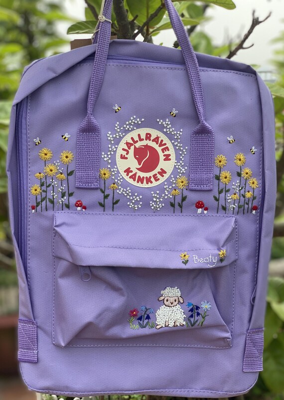 Hand Embroidery on Fjallraven Kanken Backpack With Flowers and Sheep fjallraven Kanken Embroidery Design Flowers and Sheep sheep Etsy