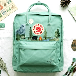 Fjallraven Kanken Forest Embroidered Backpack | Mountain Bear Camping Scene | Nature Woodland Kanken Bag | Travel Kanken Backpack