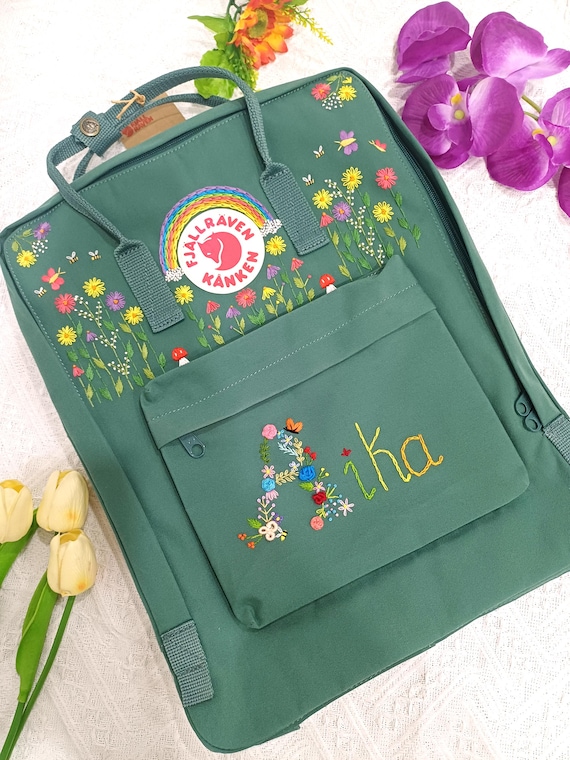 Bordado a mano de flores personalizado, mochila Kanken bordada con