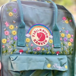Hand Embroidery on Fjallraven Kanken Backpack with Flowers and rainbow/ Kanken Backpack Embroidered with Flower and rainbow