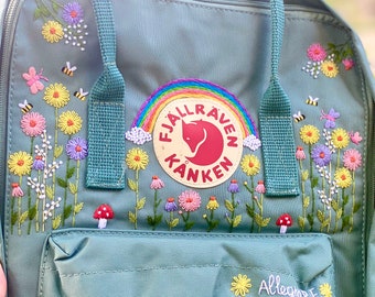 Hand Embroidery on Fjallraven Kanken Backpack with Flowers and rainbow/ Kanken Backpack Embroidered with Flower and rainbow