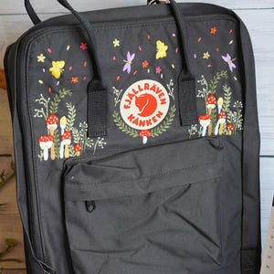 Fjallraven kanken backpack embroidered with mushrooms and butterflies, Fjallraven kanken backpack embroidered with colorful mushrooms
